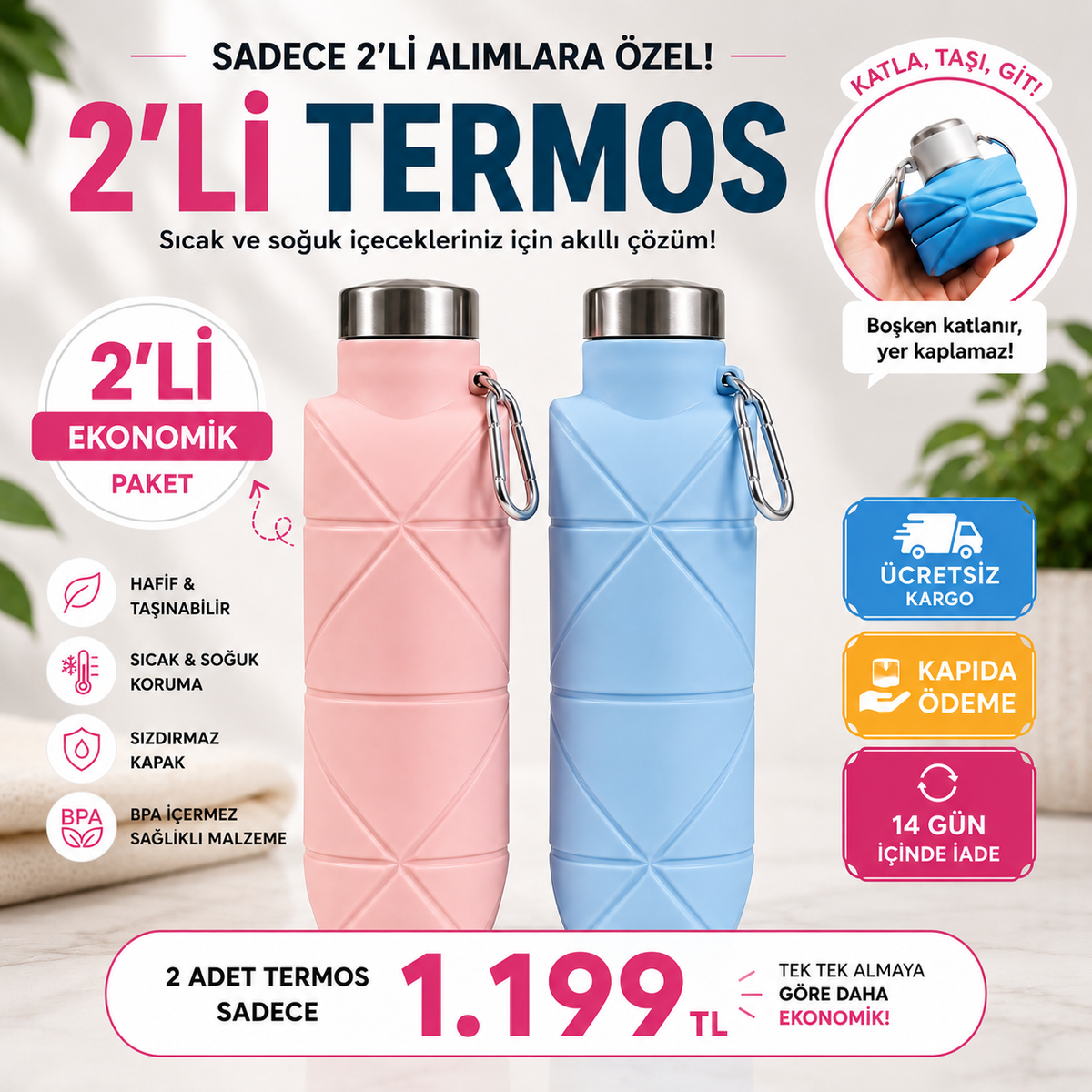 NELORS™ 2'li Katlanabilir Termos (Büyük Fırsat !)